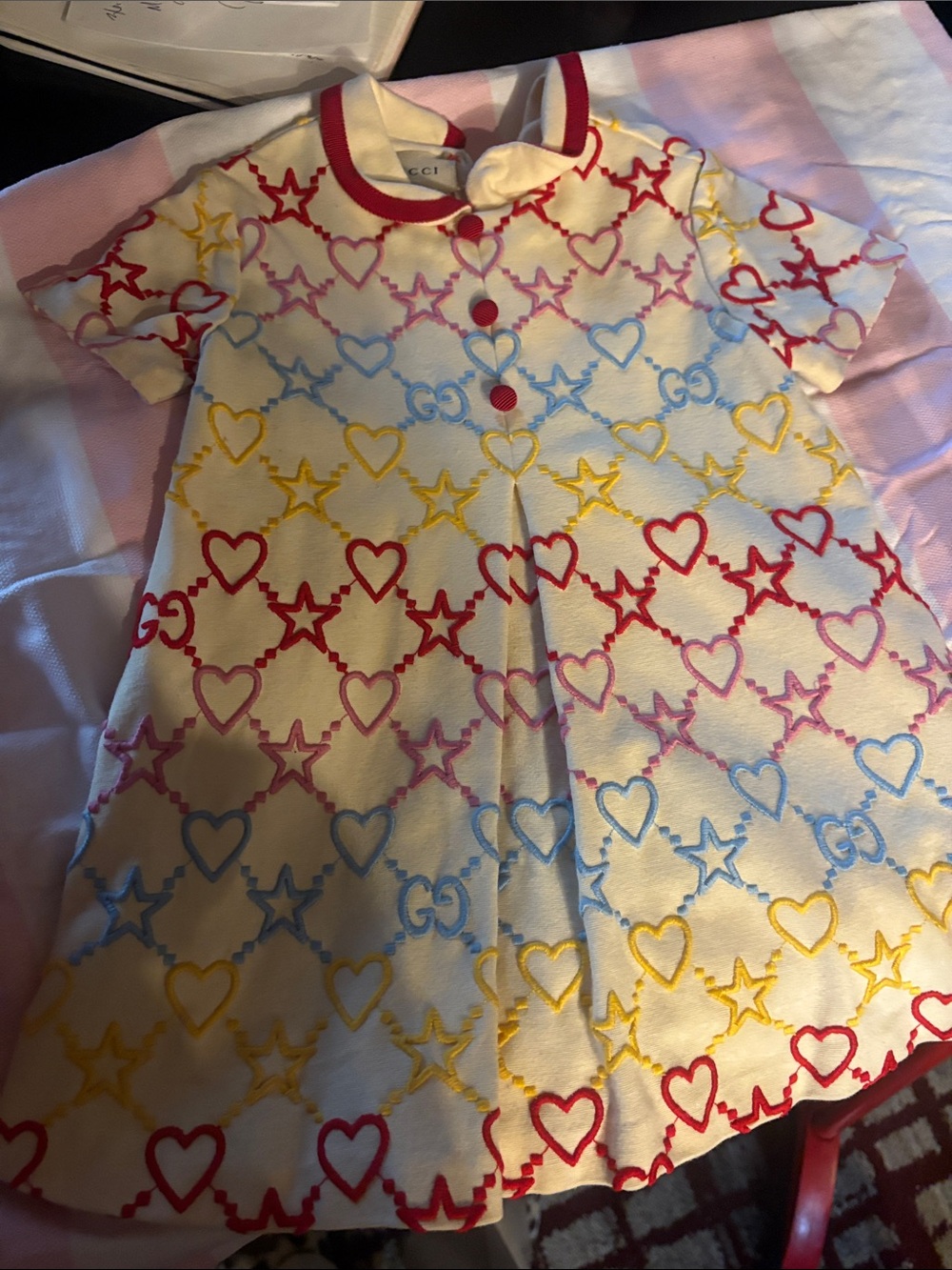 Gucci Cream Kids Jersey Dress with Red, Yellow, Pink & Blue Hearts